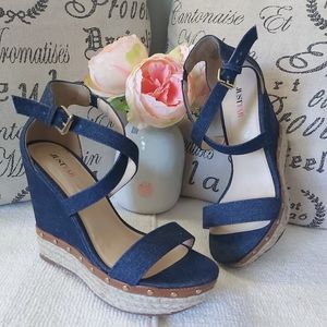 JustFab denim sandals blue strappy heels y2k  wedge platform  espadrilles
